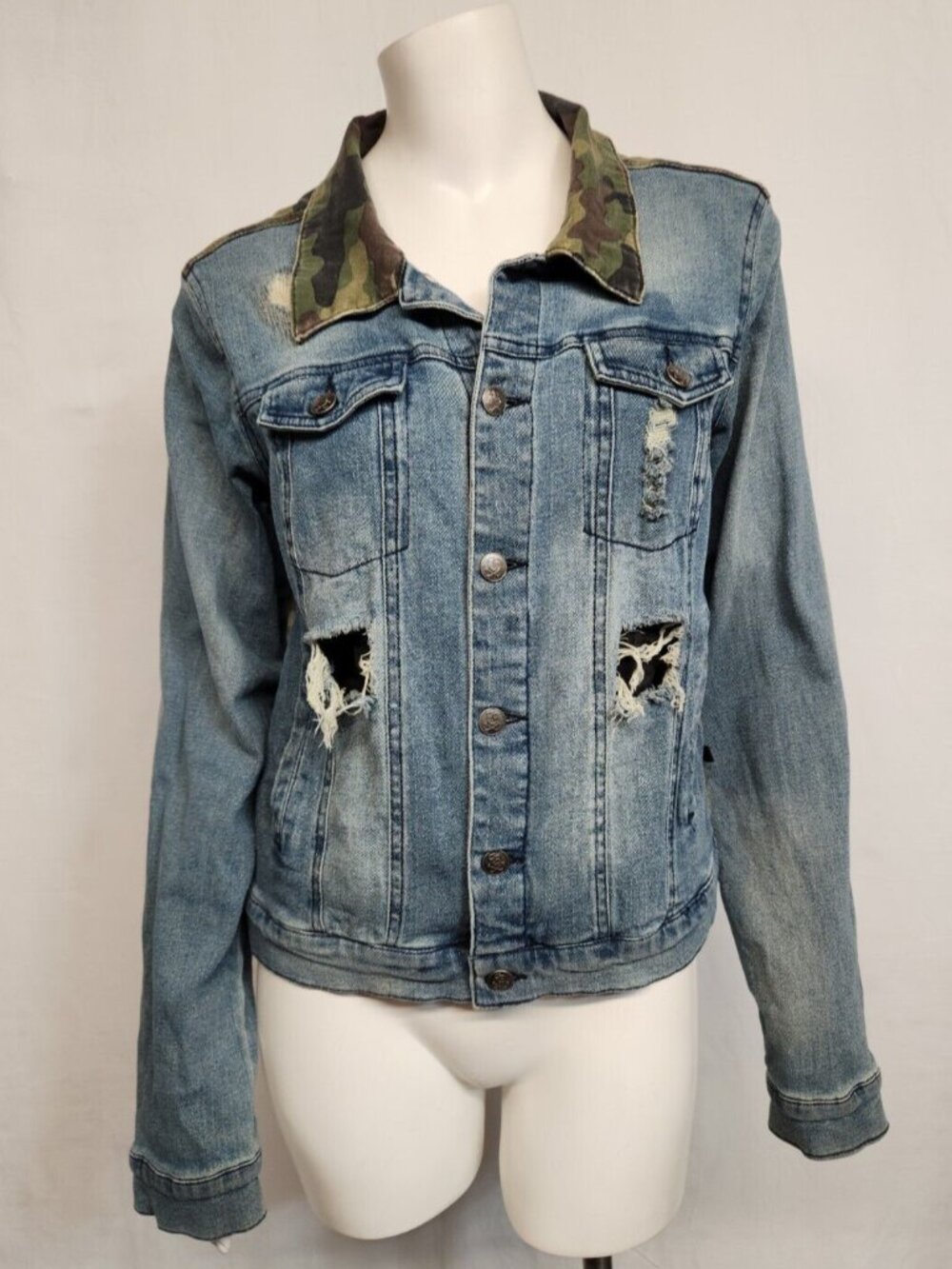 Royal Bones By Daang Size L Y2K Camo & Denim Distressed Jean Jacket